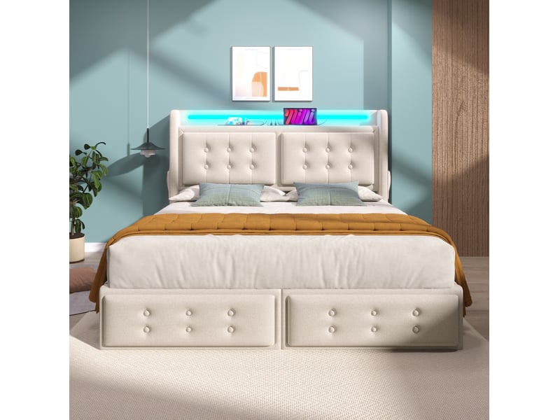 Lit coffre 140 × 200 cm 2 places avec 4 tiroirs, led multicolore, usb et type-c, matelas inclus, beige  - Conforama C