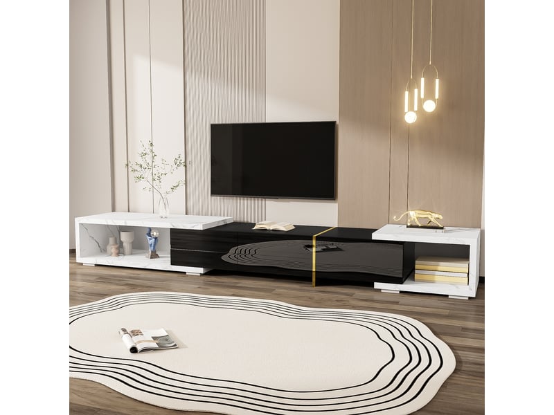  Meuble tv extensible 140-260 cm - blanc effet marbre, finitions noir brillant et mat, détails dorés, plateau rotatif  - Conforama B