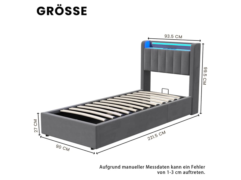  Lit coffre 90 × 200 cm avec rangement hydraulique, led et usb, sans matelas, en velours  - Conforama E