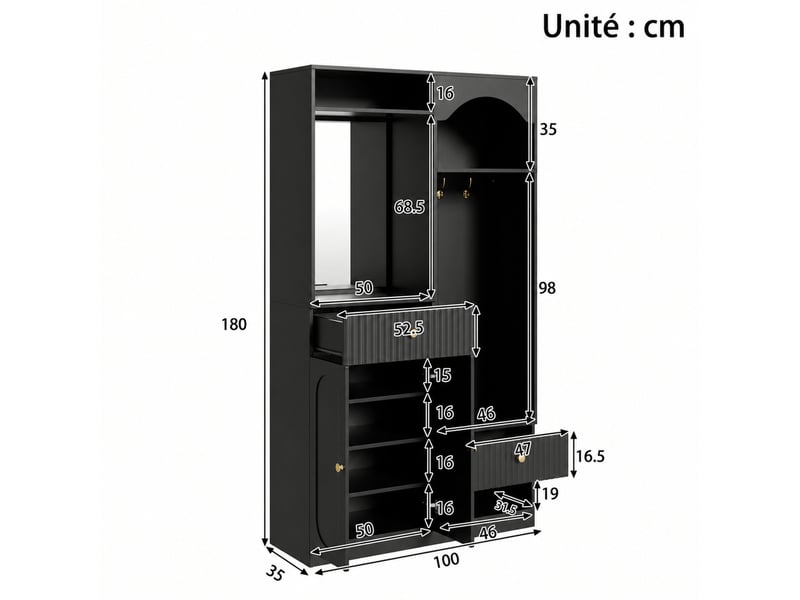  Meubles d'entrée avec miroir, banc, crochets, portes, tiroirs et led pour le couloir en mdf noir 100×35×180 cm  - Conforama E