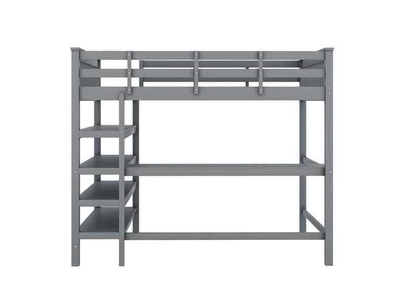 Lit mezzanine enfant 140x200 cm, table, étagère, garde-corps, sommier, pin gris, sans matelas - Conforama D