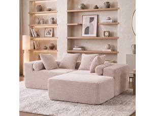 Canapé d’angle modulable 3 places beige en tissu chenille, méridienne spacieuse et configuration flexible pour salon contemporain
