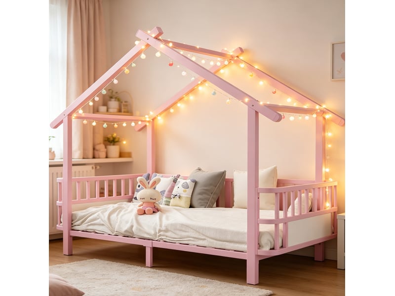  Lit enfant maison 90x200 cm, lit cabane, barrières sécurité, chambre, style contemporain, métal, rose, sans matelas  - Conforama D
