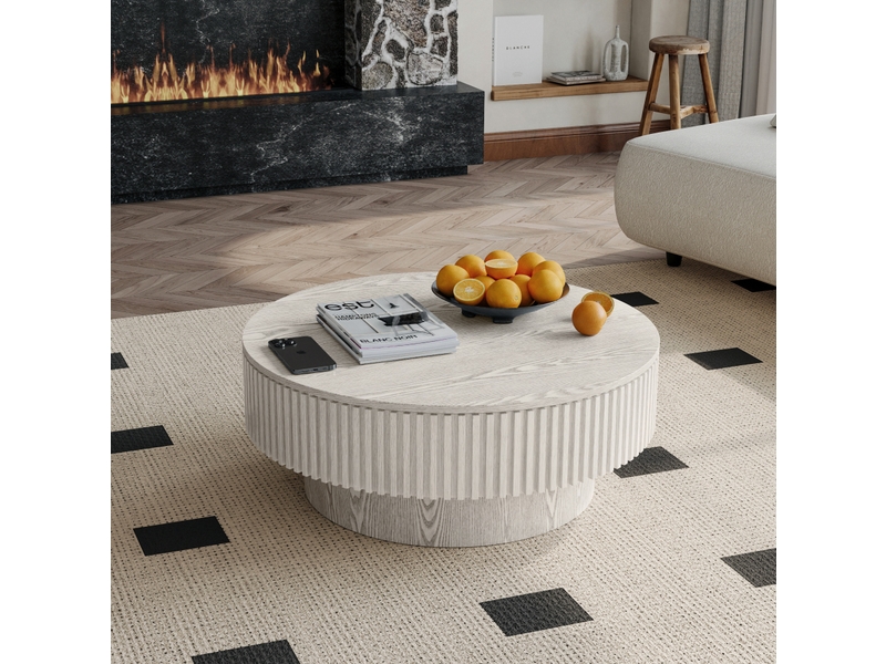  Table basse ronde avec rangement dissimulé sous couvercle, design cannelé en forme de champignon, blanc rétro  - Conforama C