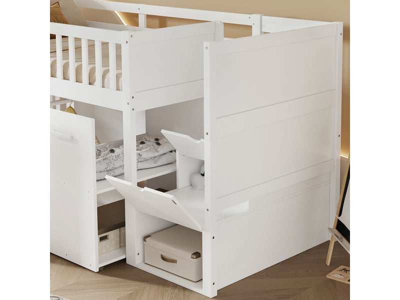 Lit superposé 90x200 cm bois massif blanc – bureau intégré, rangements et escalier à tiroirs - Conforama E