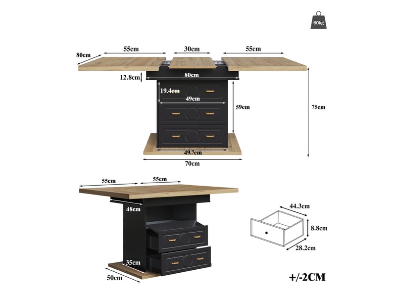 Table de salle à manger pour 6 personnes avec 2 tiroirs, 1 compartiment fermé et plateau extensible, décor bois - Conforama E