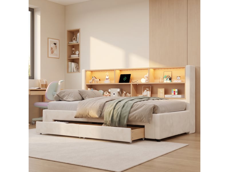  Canapé-lit 90x200 cm, lit enfant, couchage d'appoint, 2 tiroirs, extensible, led, port usb, velours beige  - Conforama R