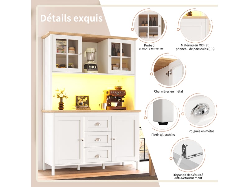 Meuble de cuisine muvano, buffet haut blanc avec éclairage led, 4 portes et 3 tiroirs - Conforama E