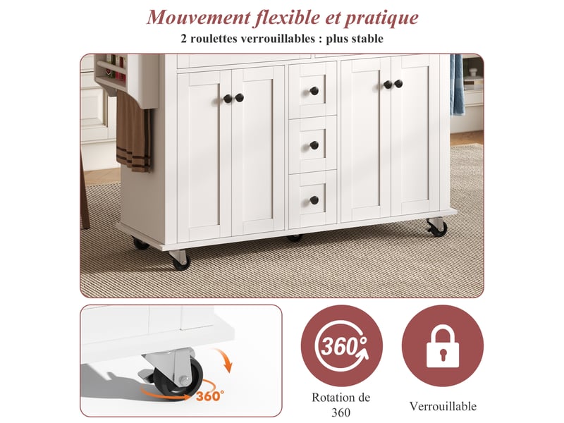 Îlot de cuisine extensible 140x40-65x89 cm, plan rabattable 18 mm, 5 tiroirs et rangements, mdf, blanc et naturel - Conforama E