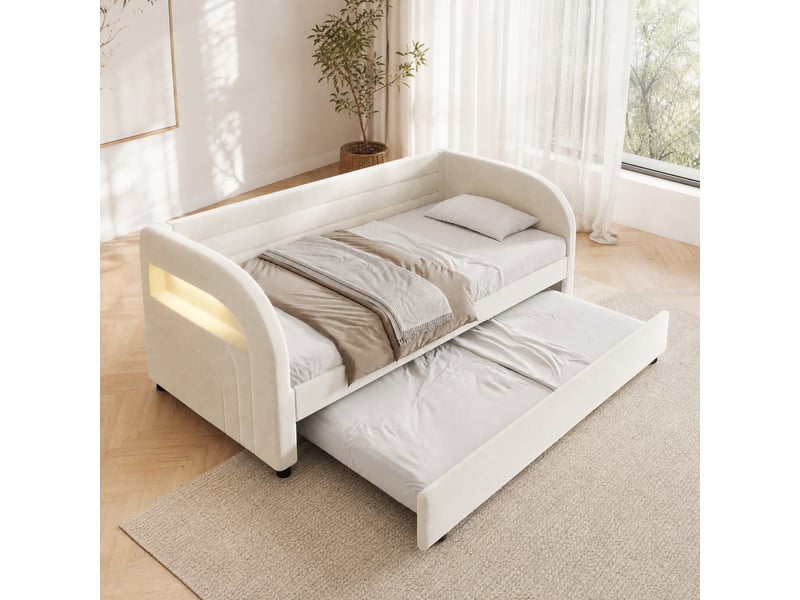  Lit jeune gigogne, 90x200 cm, avec led multicolore, couchage d'appoint, tissue, tissu et flanelle et mdf, coloris blanc  - Conforama B
