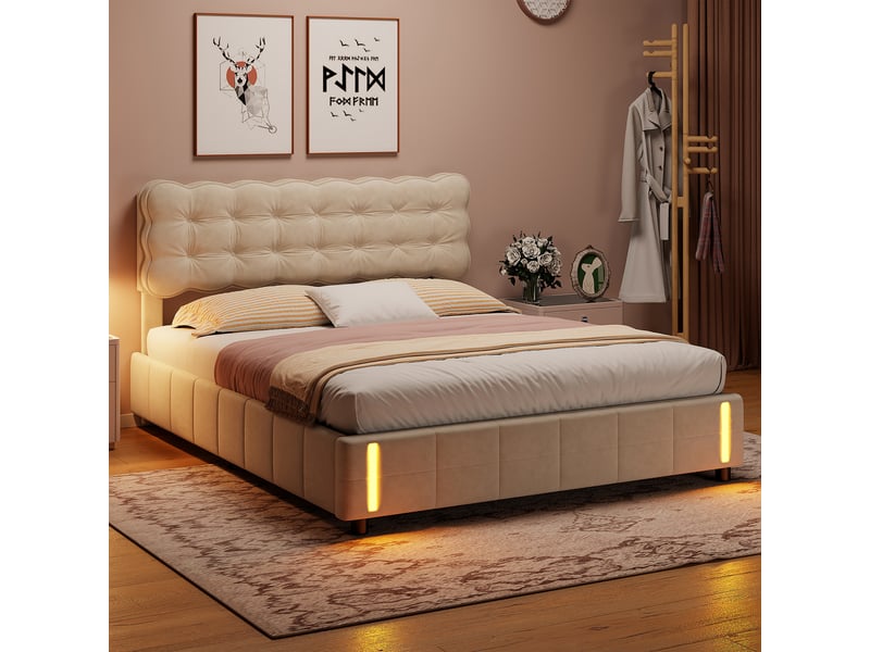  Lit de rangement hydraulique 140×190 cm, avec vérins de relevage hydraulique sous le lit, cadre de lit rembourré en velours, équipé d’un éclairage à détection de mouvement, couleur beige, matelas non … 250512HXF0101#ADHWHyRMtGFRHF - Conforama E
