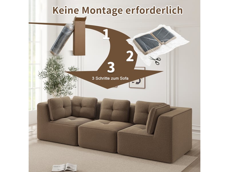  Canapé d'angle modulable 3 places en velours côtelé marron, sans montage, assise profonde, design sans cadre  - Conforama W