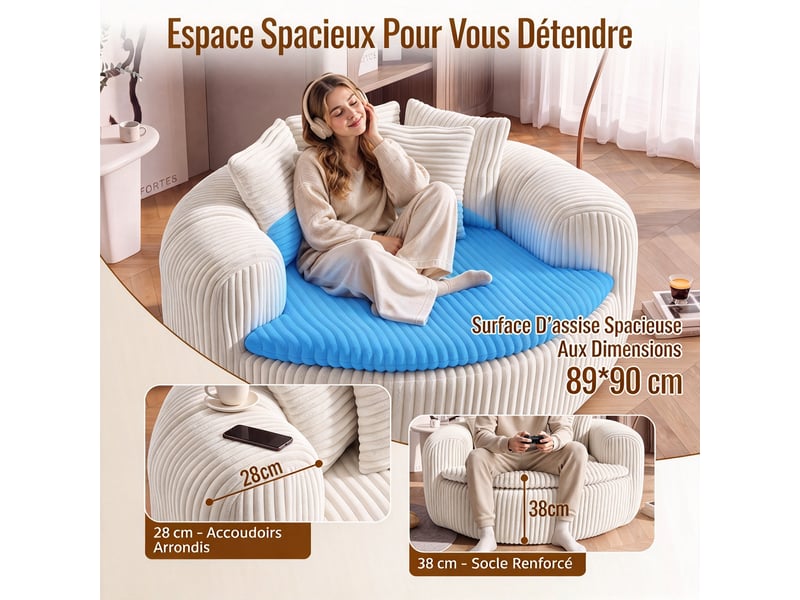  Fauteuil lounge 1 place 145 x 133 x 59 cm en velours côtelé beige, avec assise profonde, accoudoirs et 5 coussins DJ-W3463P5032758-ZMS - Conforama D