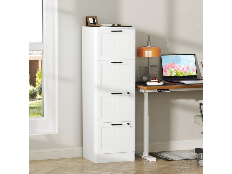  Caisson bureau, meuble rangement bois 4 tiroirs et serrure, barres de suspension réglables, blanc, 40 x 40 x 131 cm  - Conforama D