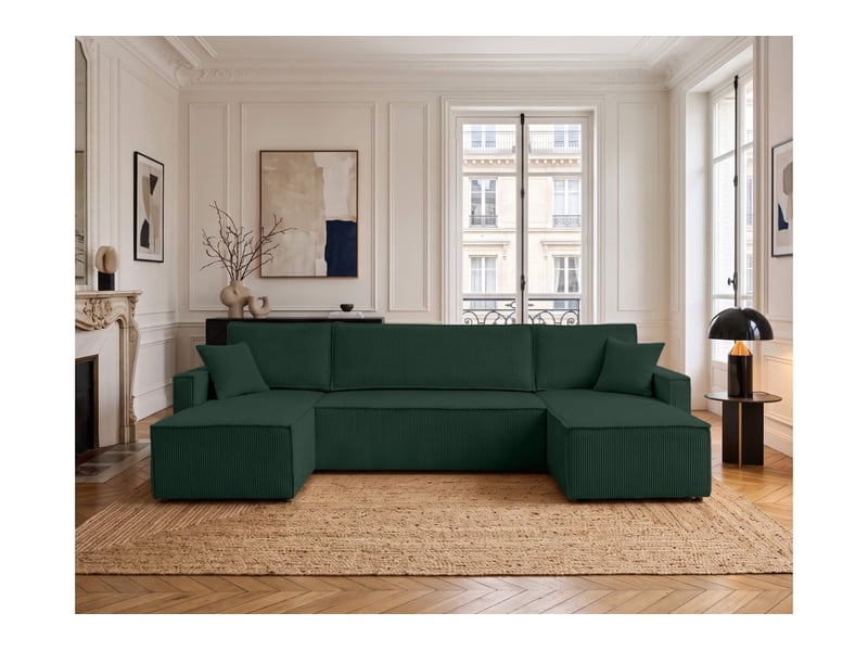  Farah - canapé d'angle panoramique convertible 6 places accoudoirs slim en velours cotelé  - Conforama B