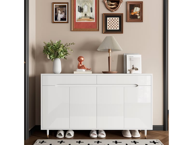  Meuble à chaussures - meuble à chaussures moderne avec 2 tiroirs, étagères ajustables et pieds dorés, armoire de rangement pour entrée, blanc - 140×39×84 cm  - Conforama B