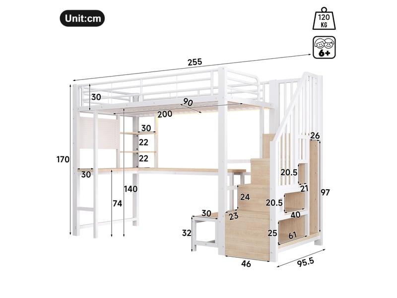  Lit mezzanine 90x200 cm avec bureau, rangements, led et usb-c blanc  - Conforama C