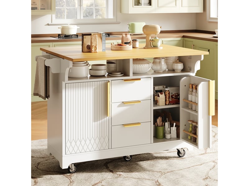 Îlot de cuisine extensible 120-197 cm sur roulettes, plateau rabattable des deux côtés, 3 tiroirs, placard et tablettes réglables - blanc  - Conforama E