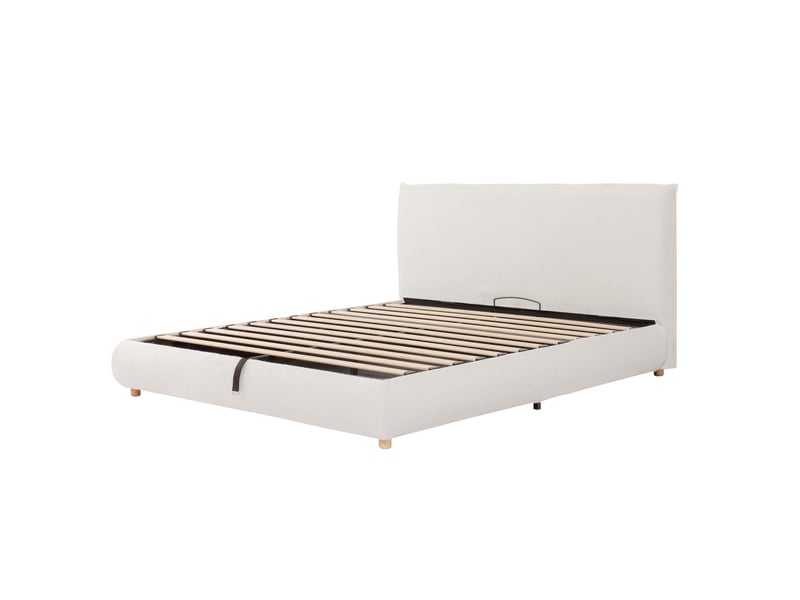  Lit coffre adulte 180x200 cm – blanc bouclé – rangement hydraulique, sommier inclus, sans matelas  - Conforama D