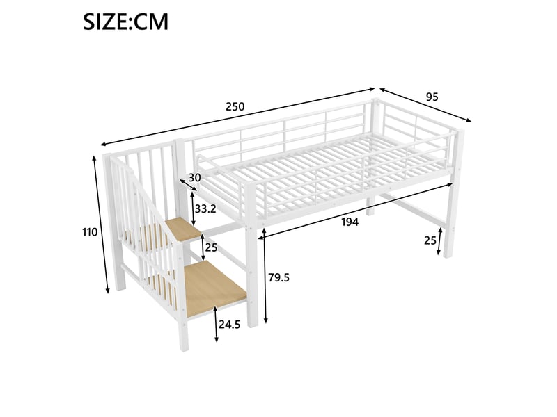  Lit mezzanine mi-hauteur enfant 90x200 cm avec escalier de rangement blanc  - Conforama E