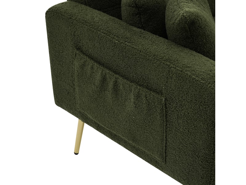 Canapé convertible 2 places en tissu bouclette, canapé vert avec pieds dorés, dossier inclinable 3 positions, avec coussins et poches. - Conforama W