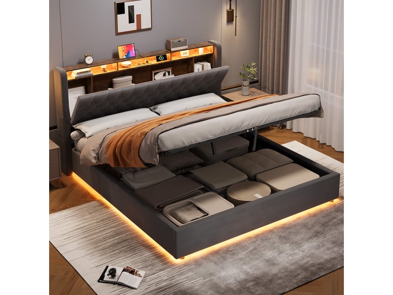 Lit double 180x200 cm avec rangement sous le lit et tête de lit avec étagère gris foncé homvra  - Conforama E