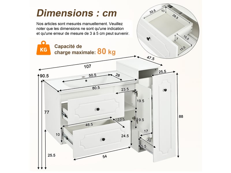  Meuble sous vasque avec 2 tiroirs, 1 porte et colonne à 3 niches pour salle de bain, 107×47,5×90,5 cm, blanc  - Conforama D