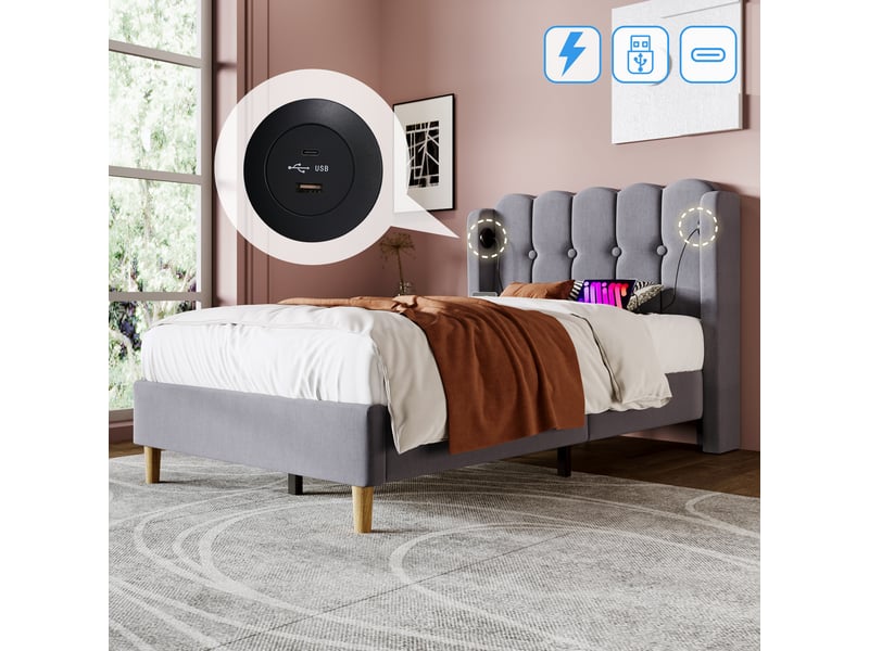  Lit simple 90 x 200 cm - lit adult avec port usb type-c - lin, mdf, métal - sans matelas - gris  - Conforama D