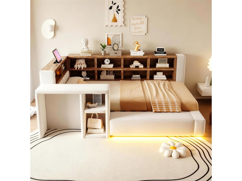  Lit enfant multifonctionnel 90x200 cm - lit simple avec rangement, étagères, led, prises et table d'appoint - beige  - Conforama B