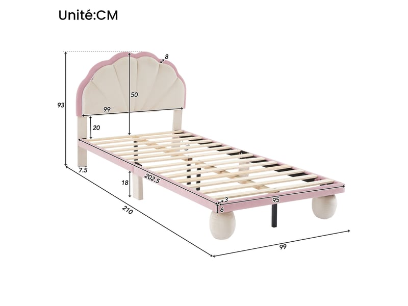  Lit enfant simple en velours blanc et rose 90x200 cm avec tête de lit ondulée et éclairage led, sans matelas  - Conforama D