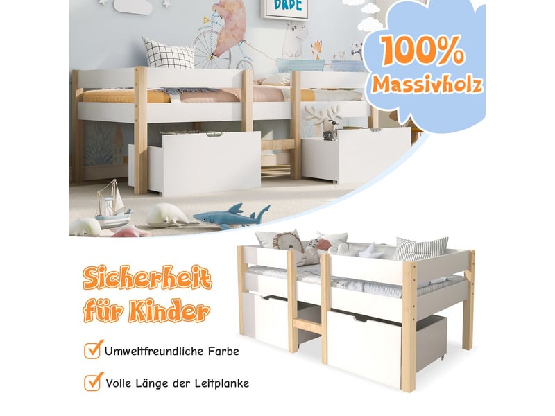 Lit enfant mi-hauteur 90 x 200 cm avec 2 tiroir et protection contre les chutes, lit simple en pin massif, blanc - Conforama E