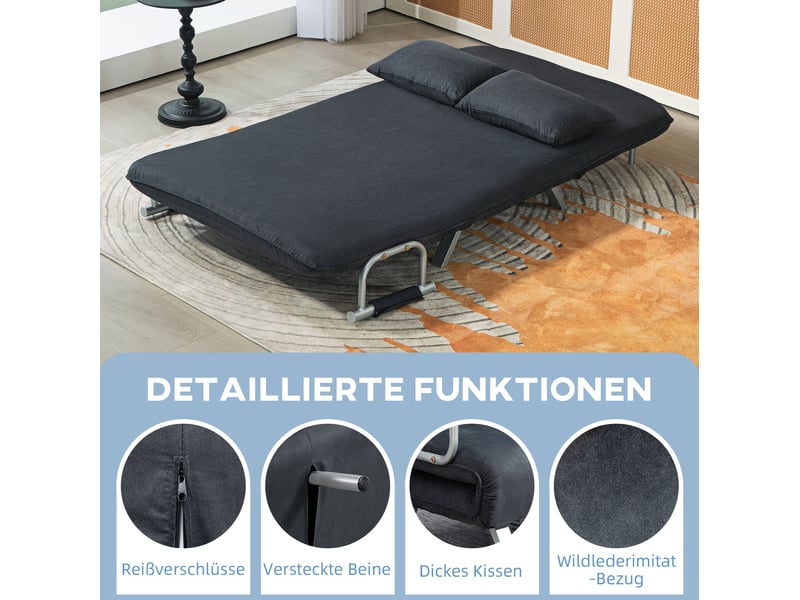 Canapé convertible 2 places avec dossier réglable 5 positions et coussins, structure en métal, noir - Conforama E