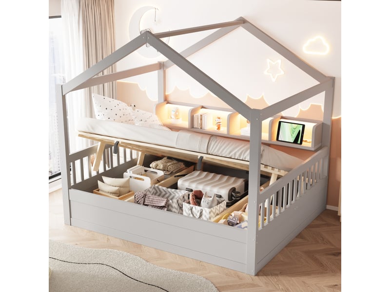  Lit enfant 140 × 200 cm – avec barrière de sécurité – avec espaces de rangement – ​​avec bande led et prise électrique – gris (matelas non inclus)  - Conforama E