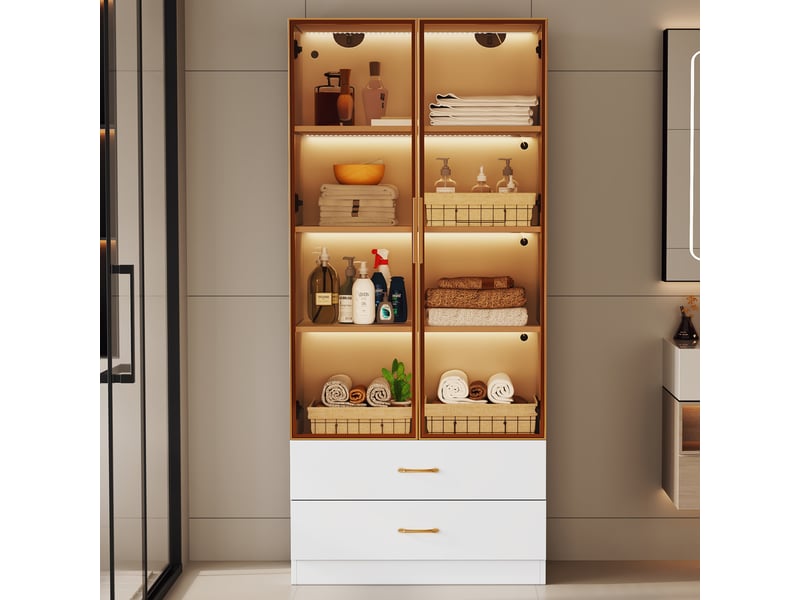  Armoire vitrine avec led intégrée, 2 portes en verre et 2 tiroirs, design contemporain en mdf - blanc - 75×34,5×170 cm  - Conforama C