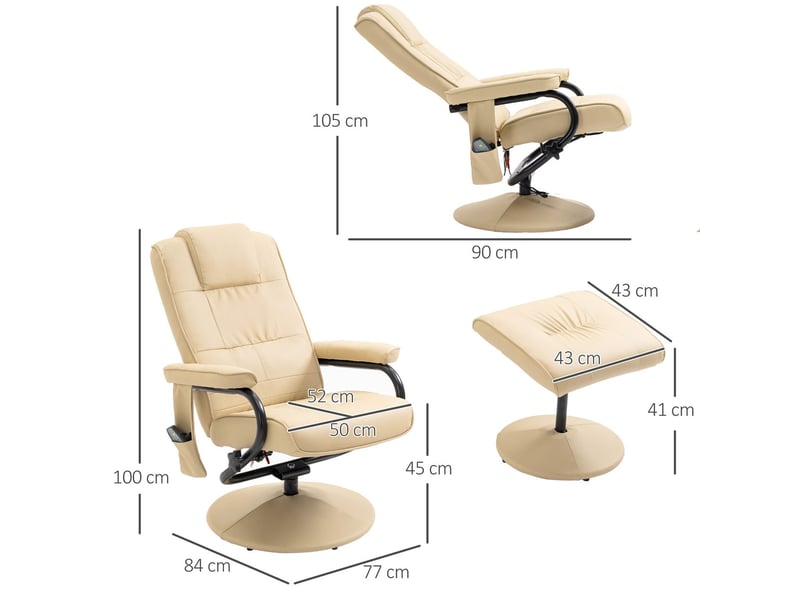  Chaise 77 x 84 x 95 cm fonction relax fonction massage fauteuil tv tabouret cuir synthétique blanc crème  - Conforama B