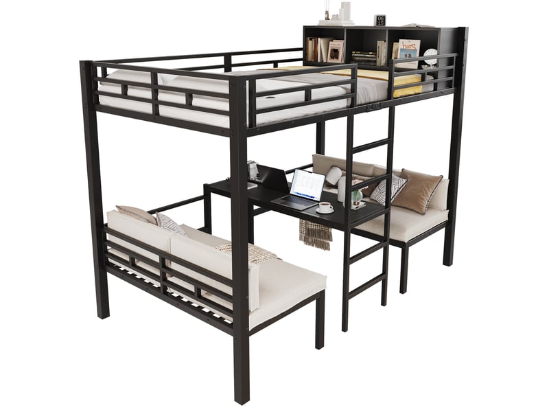 Lit superposé multifonction 120x200cm avec 2 couchages banquettes inférieurs 60x120cm, échelle droite et étagère, métal, noir evarich - Conforama A