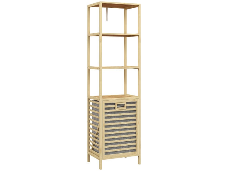  Étagère salle de bain bambou naturel 44x33x160 cm avec 3 niveaux, panier tissu et anti-basculement  - Conforama A