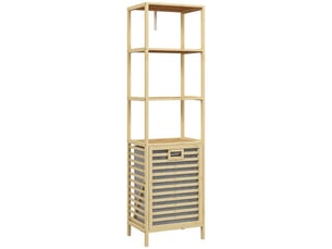 Étagère salle de bain bambou naturel 44x33x160 cm avec 3 niveaux, panier tissu et anti-basculement