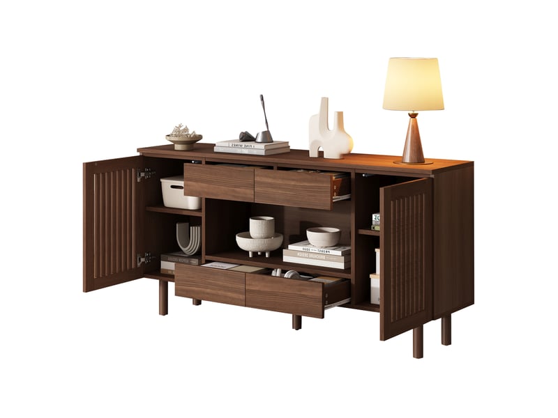  Buffet 140x35x71 cm effet noyer avec 4 tiroirs et 2 portes persiennes  - Conforama A