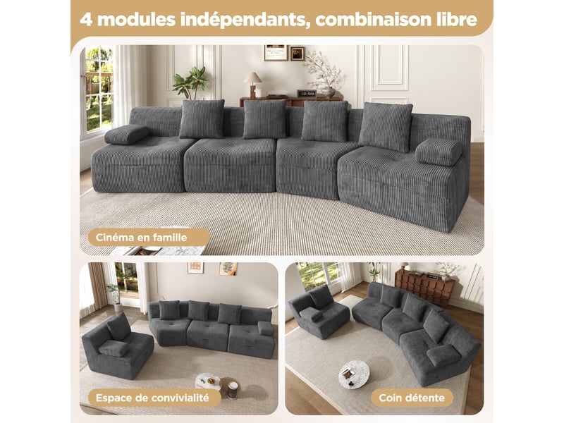 Canapé modulable 4 places, canapé en velours côtelé gris foncé, 4 modules indépendants sans montage, 311x90x65cm, pour salon moderne. - Conforama D