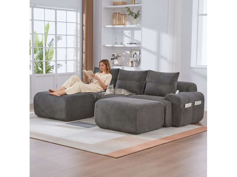  Canapé modulable 3 places 268x174x80 cm avec porte-gobelet et poche, gris foncé  - Conforama C