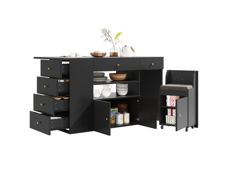 Îlot central avec tabouret et 6 tiroirs de rangement, îlot de cuisine noir en mdf et métal, dimensions 140x40x89 cm pour salle à manger - Conforama A