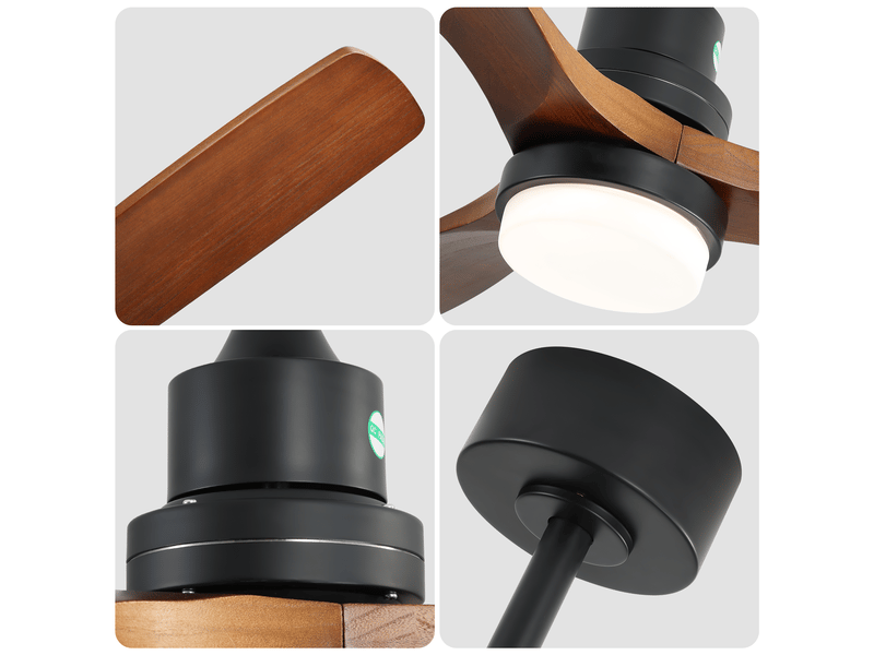 Ventilateur de plafond 132 cm avec éclairage et télécommande, moteur dc réversible silencieux, pales en bois de noyer - Conforama D