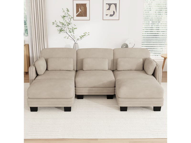  Canapé modulable en u - 3 places - 2 ottomans - tissu chenille - structure en bois massif - mobilier de salon - brun clair CozyNest - Conforama B