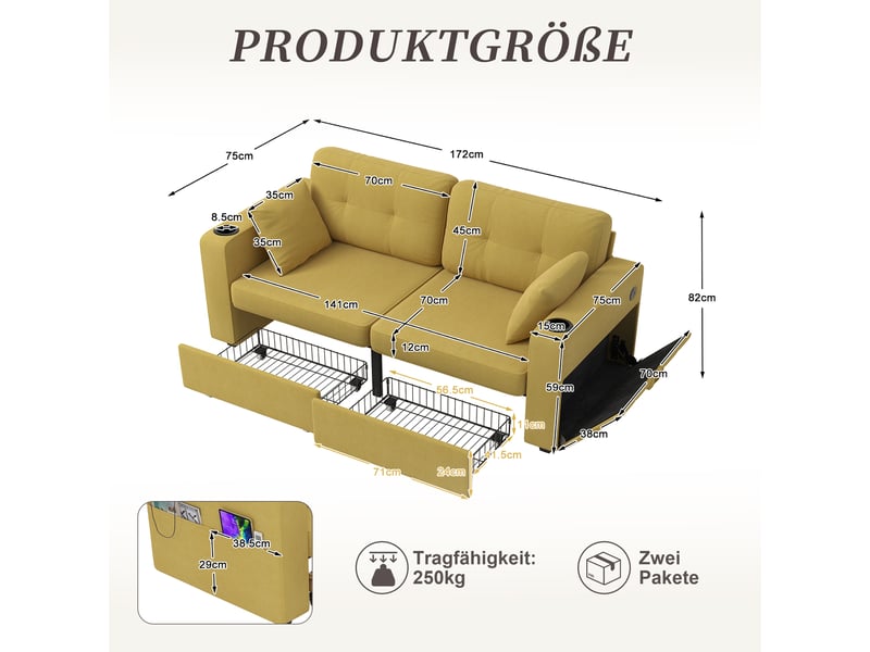 Canapé droit 2 places avec tiroirs, ports usb et porte-gobelets - poches latérales, chenille jaune moutarde - Conforama D
