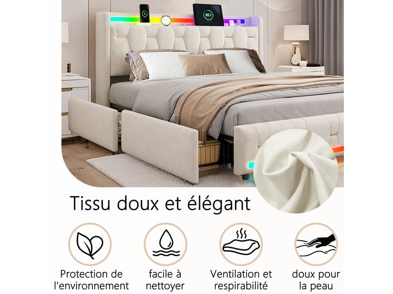  Lit 140x200 cm beige avec rangement, led, 4 tiroirs, ports usb+type-c sans matelas EBD855F-BG - Conforama E