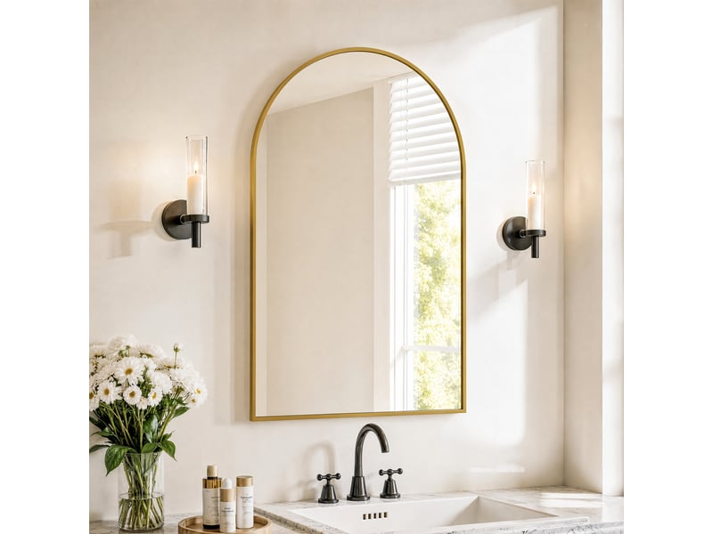  Miroir design 91x61 cm, cadre alu, forme cintrée, style épuré, pour salle de bain ou séjour,doré  - Conforama B