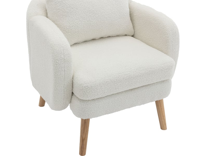 Fauteuil velours teddy blanc 1 place avec coussin épais 14cm pieds bois massif fauteuil salon moderne confortable - Conforama W