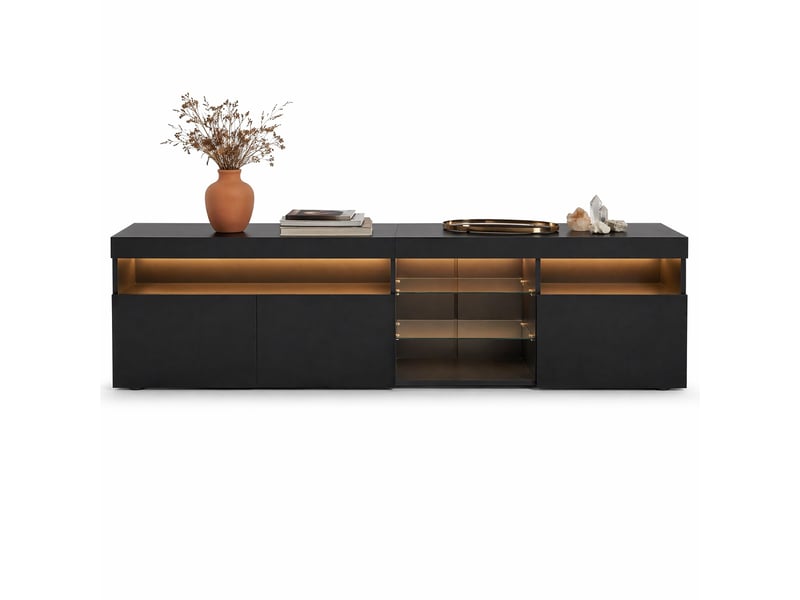  Meuble tv moderne 180 cm noir avec led multicolore, portes brillantes et verre  - Conforama A