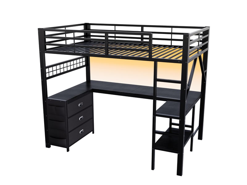 Lit mezzanine gaming 90x200cm en métal avec bureau en u,éclairage led,panneau perforé,3 tiroirs,lit superposé avec étagères,sans matelas,noir - Conforama E
